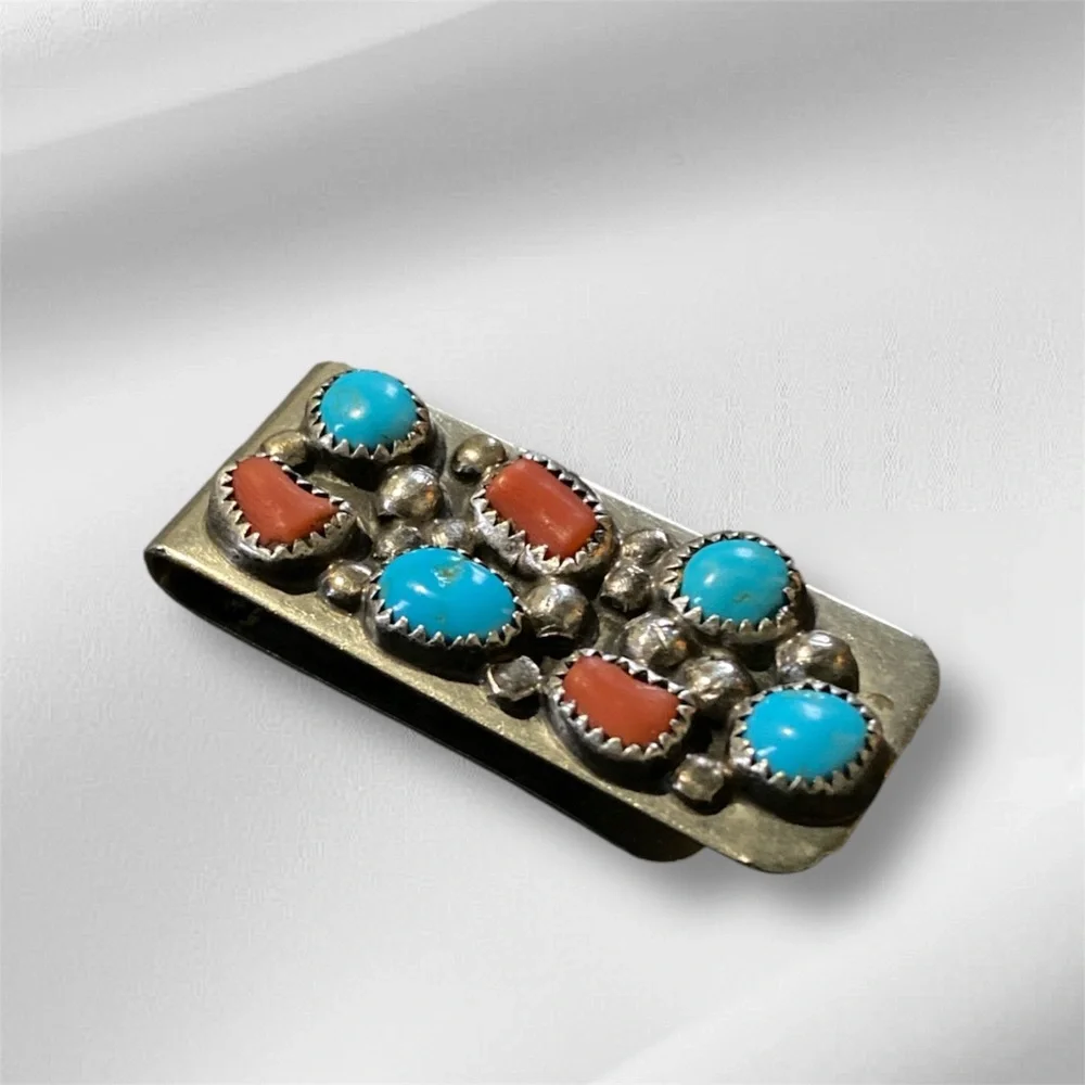 Silver Money Clip with Turquoise and Coral Accents